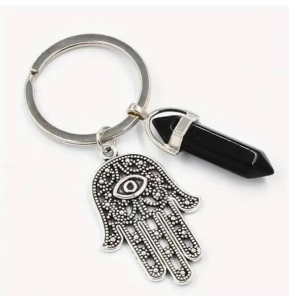 Obsidian and Hand of Hamsa Keyring
