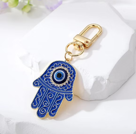 Hand of Hamsa and Evil Eye Keyring Blue